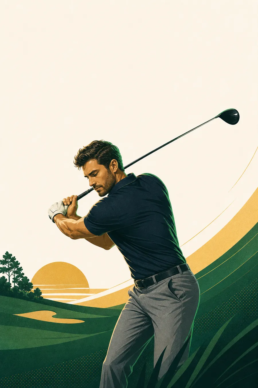 A golfer at the top of his backswing, illustrated in GolfBod's fairway-green and gold palette.